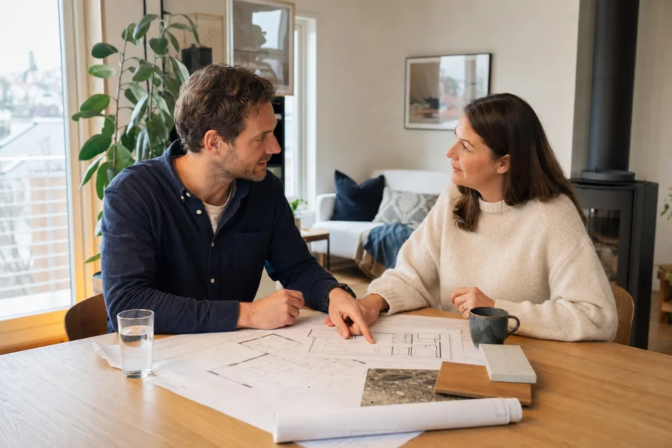 En person forklarer et planlagt renoveringsprosjekt til en annen person ved et bord med plantegninger